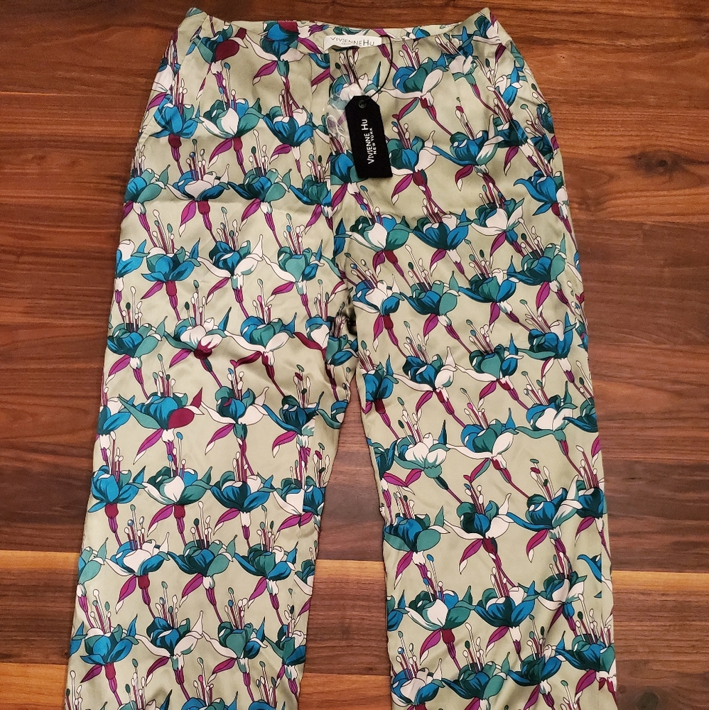 Vivienne Hu Green Floral Print Wide Leg Pants SZ 8